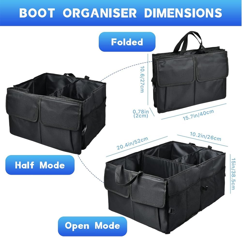 AMERTEER Car Trunk Organizer Holder - Foldable car storage organizer, Car Tidy Collapsible Multi Compartment Trunk storage organizer For Tools, car storage Box With Microfiber Car Cleaning Towel–Black - Image 3