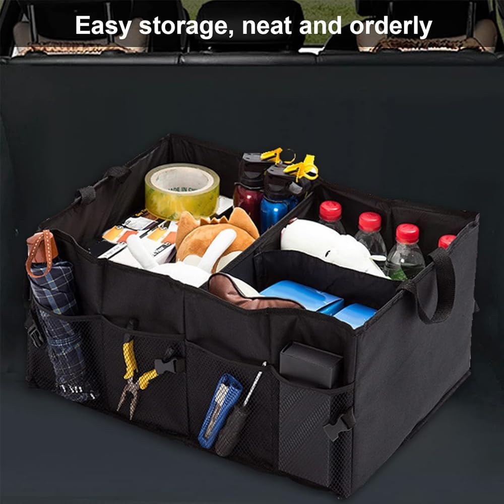 AMERTEER Car Trunk Organizer Holder - Foldable car storage organizer, Car Tidy Collapsible Multi Compartment Trunk storage organizer For Tools, car storage Box With Microfiber Car Cleaning Towel–Black - Image 4