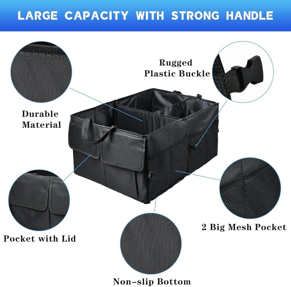 AMERTEER Car Trunk Organizer Holder - Foldable car storage organizer, Car Tidy Collapsible Multi Compartment Trunk storage organizer For Tools, car storage Box With Microfiber Car Cleaning Towel–Black - Image 6