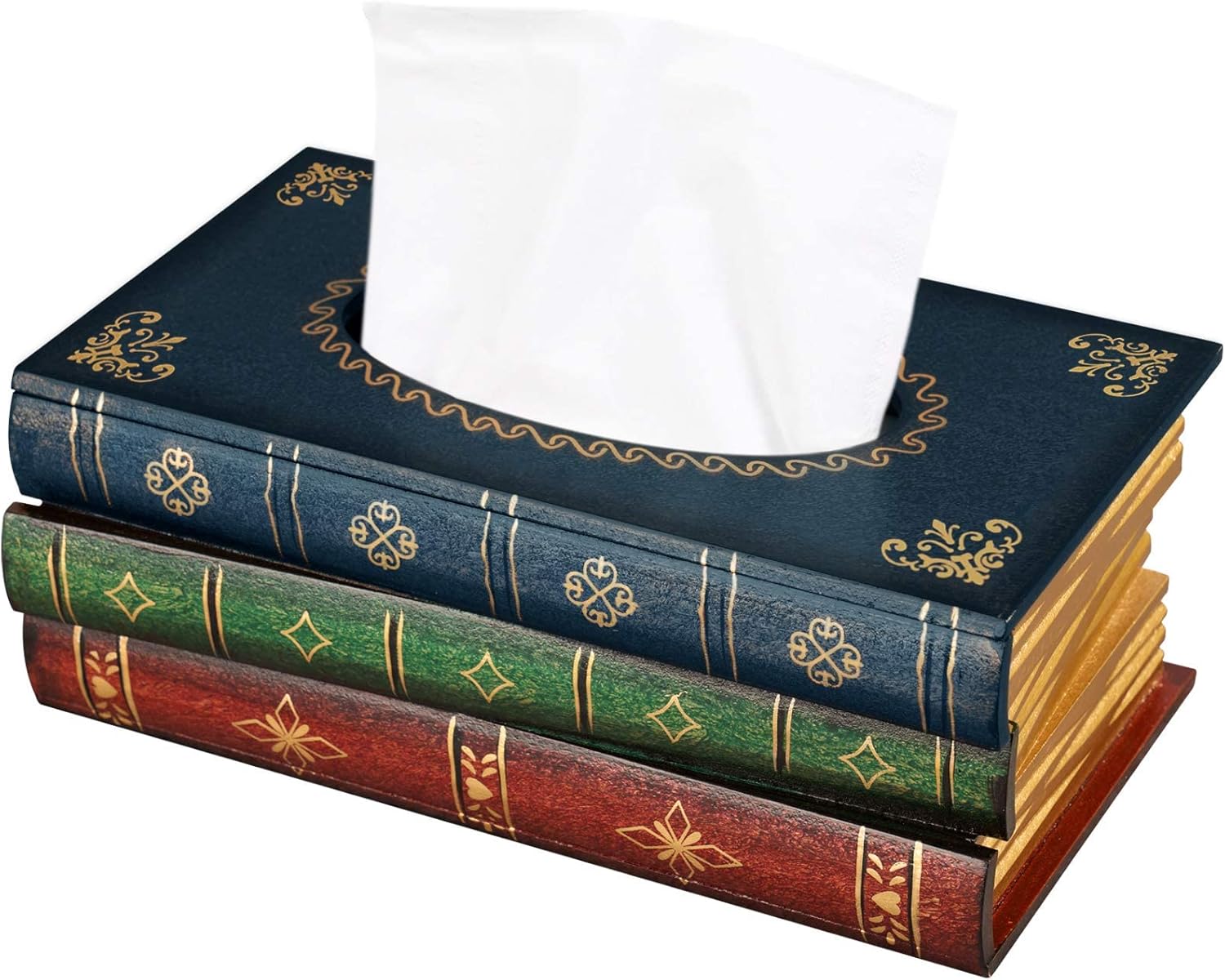 KASTWAVE Classical Retro Wooden Antique Book Tissue Box Cover, Rectangular Tissue Holder Dispenser Paper Cover Case Napkin Holder Home Decor, for Bathroom Living Room Office car Kitchen
