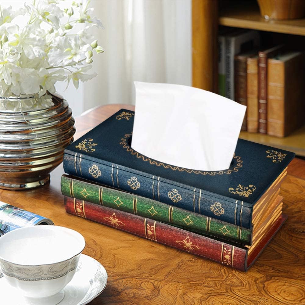 KASTWAVE Classical Retro Wooden Antique Book Tissue Box Cover, Rectangular Tissue Holder Dispenser Paper Cover Case Napkin Holder Home Decor, for Bathroom Living Room Office car Kitchen - Image 2