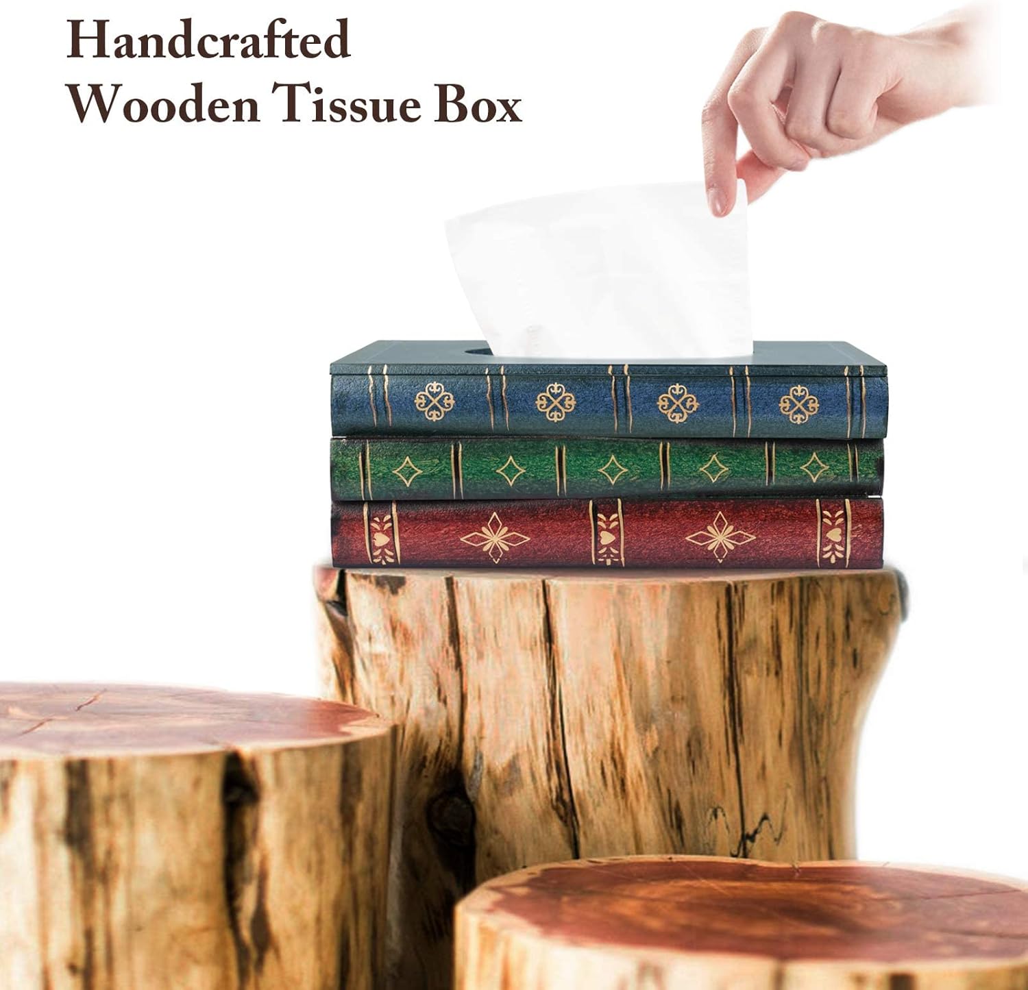 KASTWAVE Classical Retro Wooden Antique Book Tissue Box Cover, Rectangular Tissue Holder Dispenser Paper Cover Case Napkin Holder Home Decor, for Bathroom Living Room Office car Kitchen - Image 3