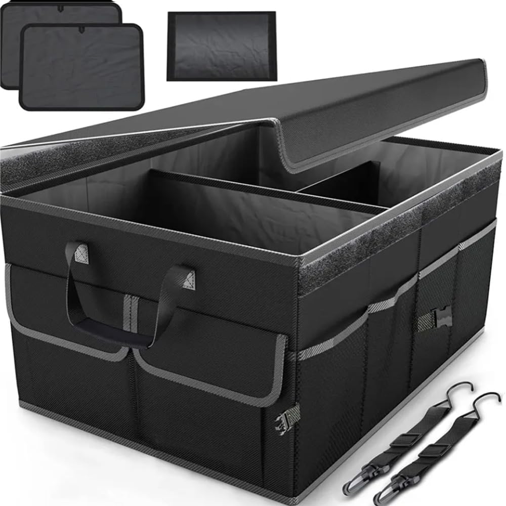 CLOUDFOUR Car Trunk Organizer, Foldable Car Storage Organizer, Car Tidy, Multi Compartment Trunk Storage Organizer for Tools, Car Storage Box with Straps & Cover, Heavy Duty Large Capacity Car Storage