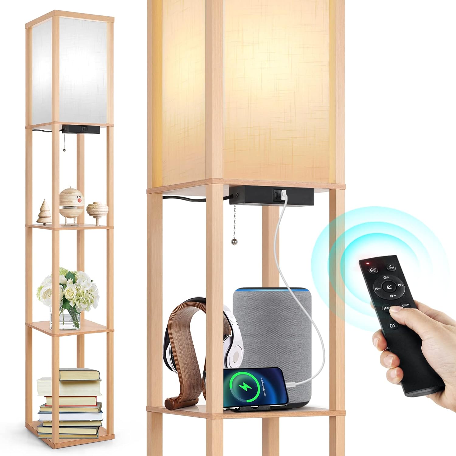 OUTON LED Floor Lamp with Shelves, 4 Colour Temperatures Dimmable Floor Lamp with 2 USB Ports, Remote Control, Storage Display Tall Standing Lamp for Living Room Bedroom Office, Wood