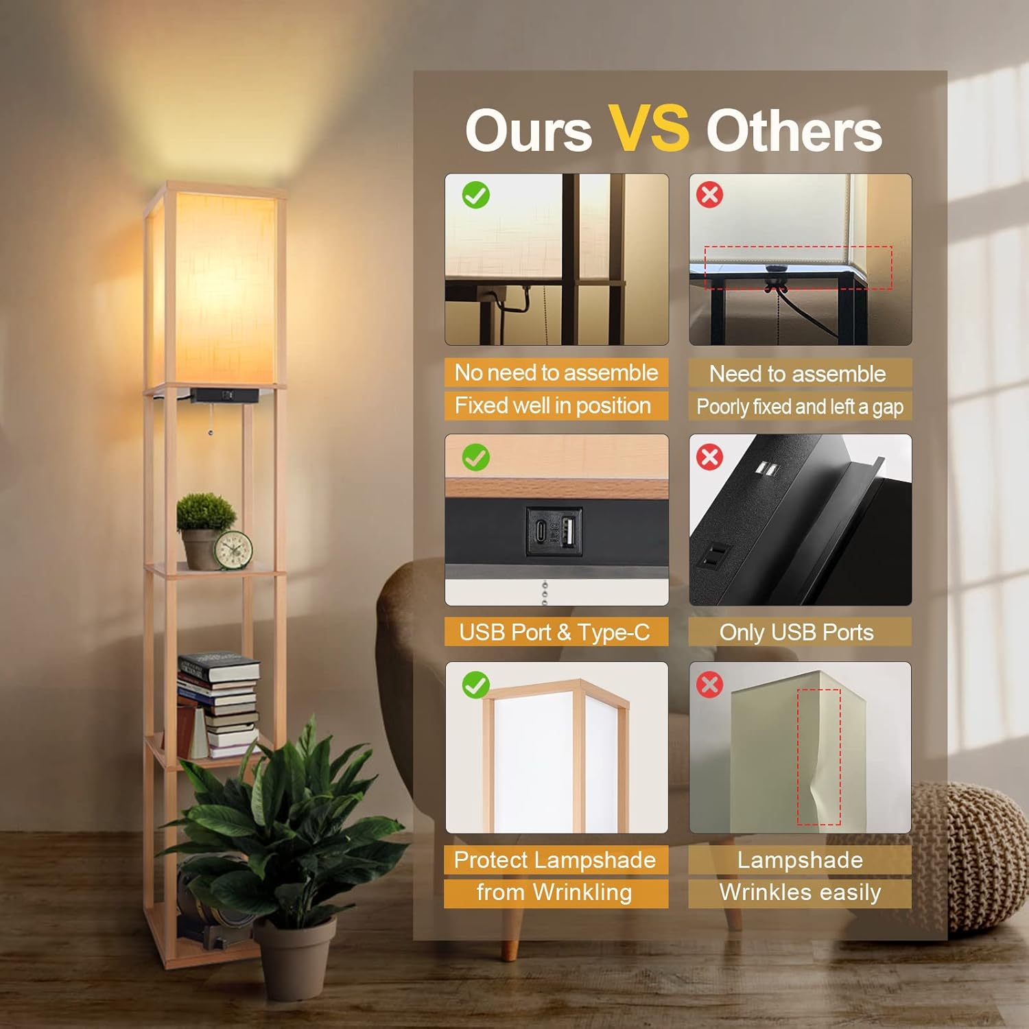 OUTON LED Floor Lamp with Shelves, 4 Colour Temperatures Dimmable Floor Lamp with 2 USB Ports, Remote Control, Storage Display Tall Standing Lamp for Living Room Bedroom Office, Wood - Image 3