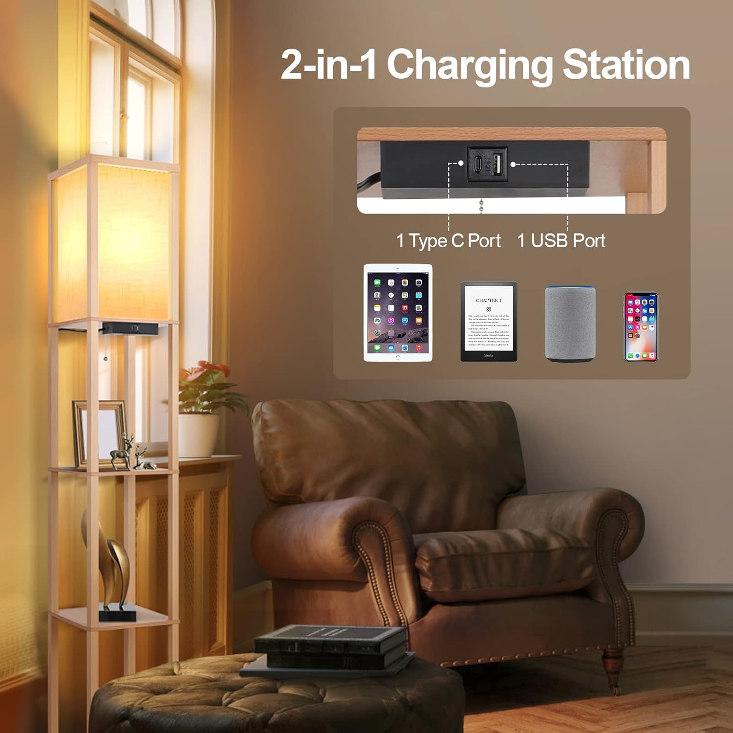 OUTON LED Floor Lamp with Shelves, 4 Colour Temperatures Dimmable Floor Lamp with 2 USB Ports, Remote Control, Storage Display Tall Standing Lamp for Living Room Bedroom Office, Wood - Image 4
