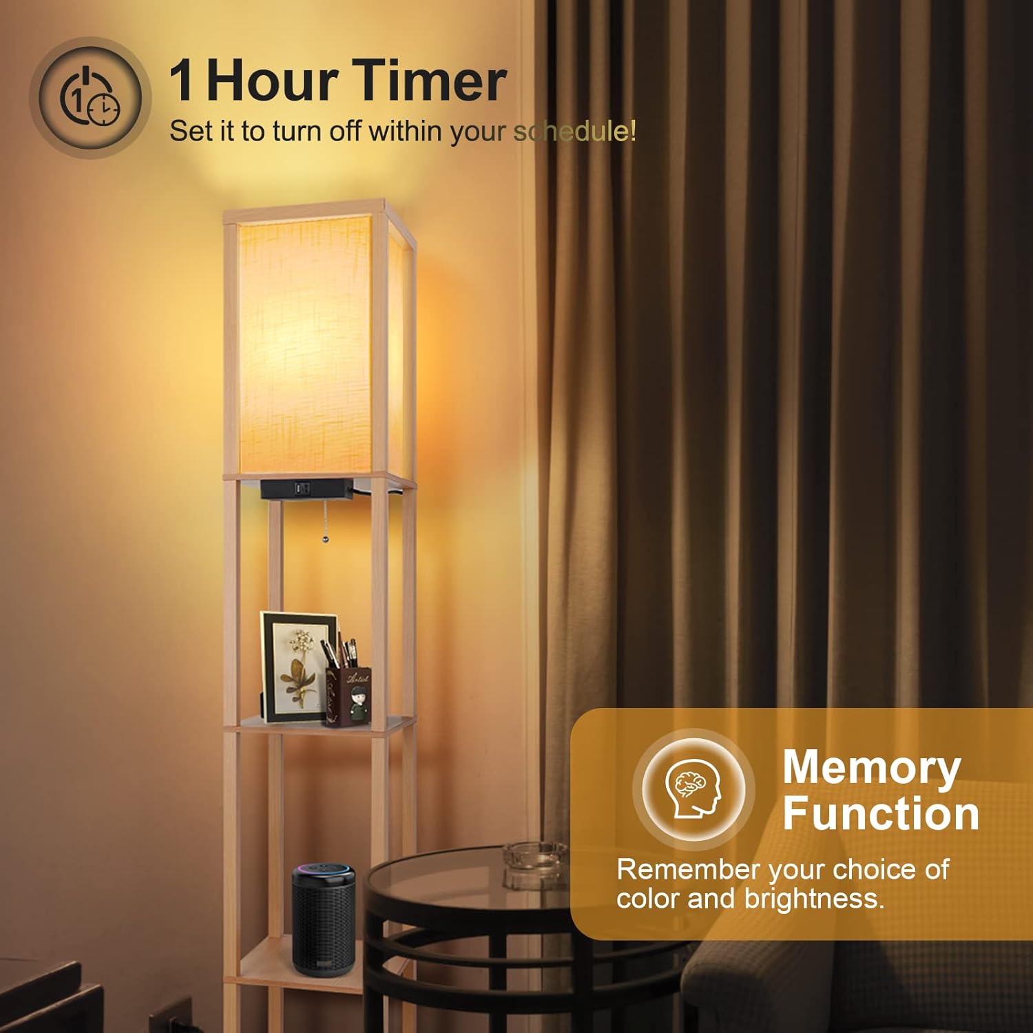 OUTON LED Floor Lamp with Shelves, 4 Colour Temperatures Dimmable Floor Lamp with 2 USB Ports, Remote Control, Storage Display Tall Standing Lamp for Living Room Bedroom Office, Wood - Image 5
