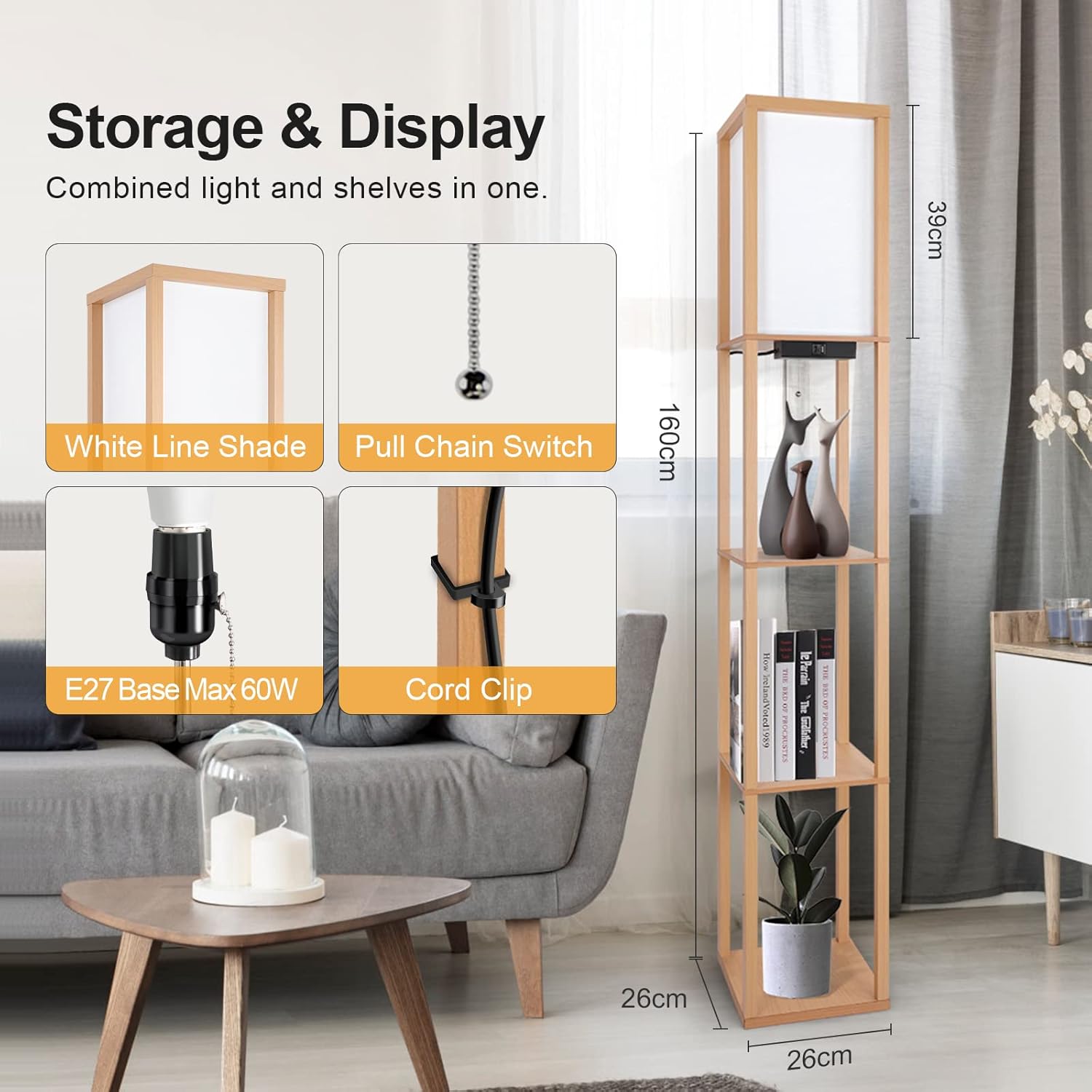 OUTON LED Floor Lamp with Shelves, 4 Colour Temperatures Dimmable Floor Lamp with 2 USB Ports, Remote Control, Storage Display Tall Standing Lamp for Living Room Bedroom Office, Wood - Image 6