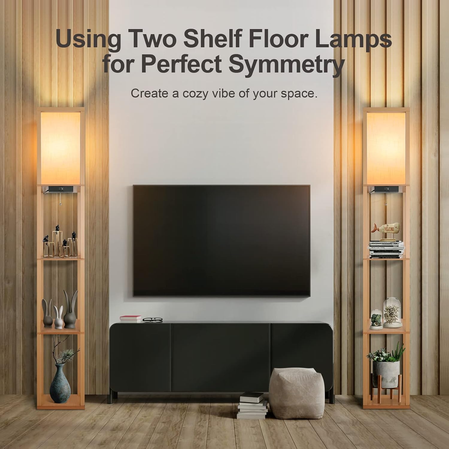 OUTON LED Floor Lamp with Shelves, 4 Colour Temperatures Dimmable Floor Lamp with 2 USB Ports, Remote Control, Storage Display Tall Standing Lamp for Living Room Bedroom Office, Wood - Image 7