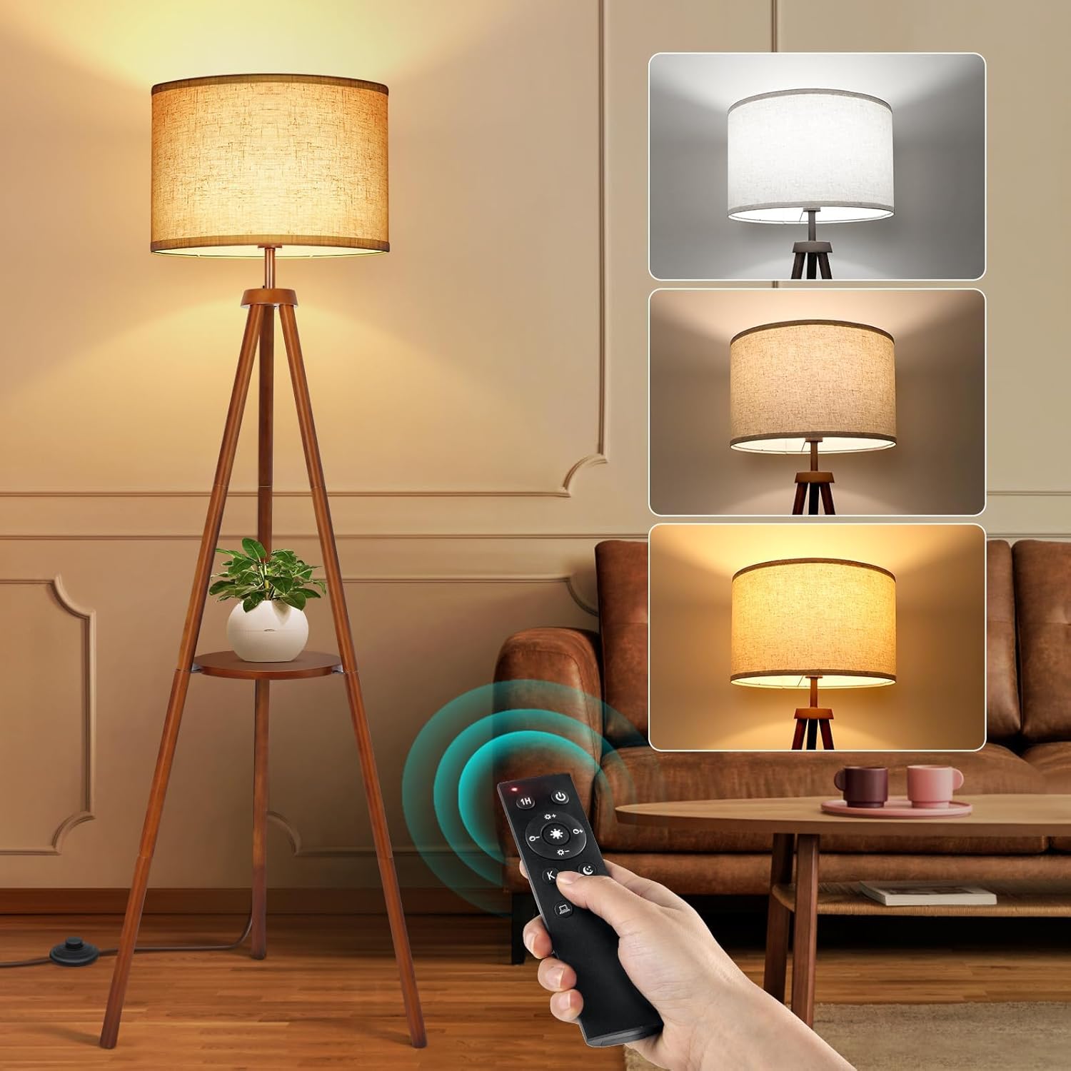 OUTON Wooden Tripod Floor Lamp with Shelf, 4 Colour temperatures Mid Century Dimmable Floor Lamp with Remote & Foot Switch, 1H Timer Modern Tall Standing Lamp for Living Room Bedroom Office, Walnut