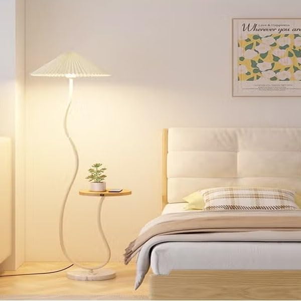 RAFFINE Nordic Atmosphere Floor Lamp with Wooden Side Table – Standing Floor Light with Brightness Control Lampshade for Living Room, Bedroom, and Reading Corners