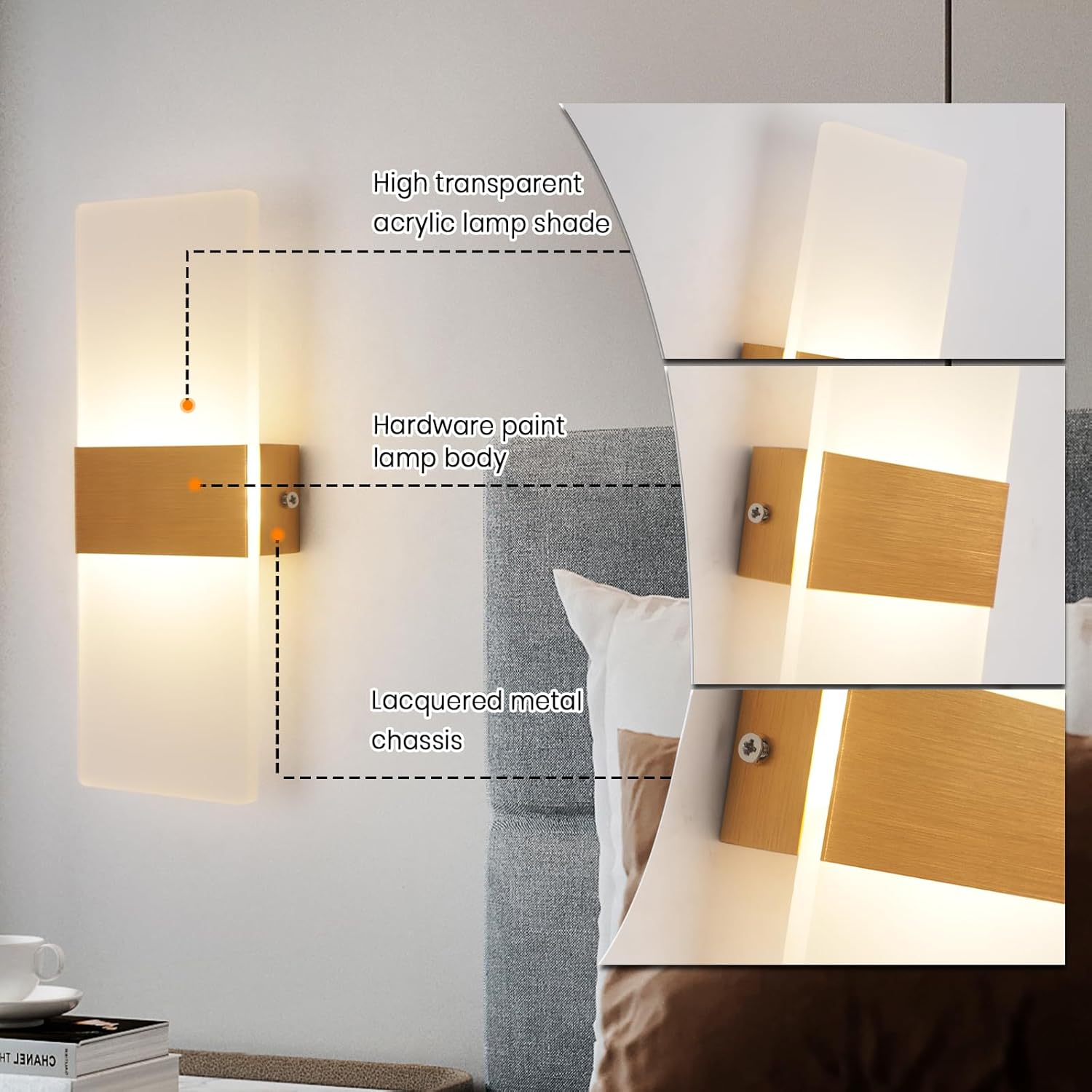 YATAI Modern Minimalist LED Wall Light, 4W, Gold, 3-Color Dimmable (3000K-6000K), Acrylic & Metal Wall Lamp for Bedroom, Mirror Side, Dressing Table, Hallway - Image 5