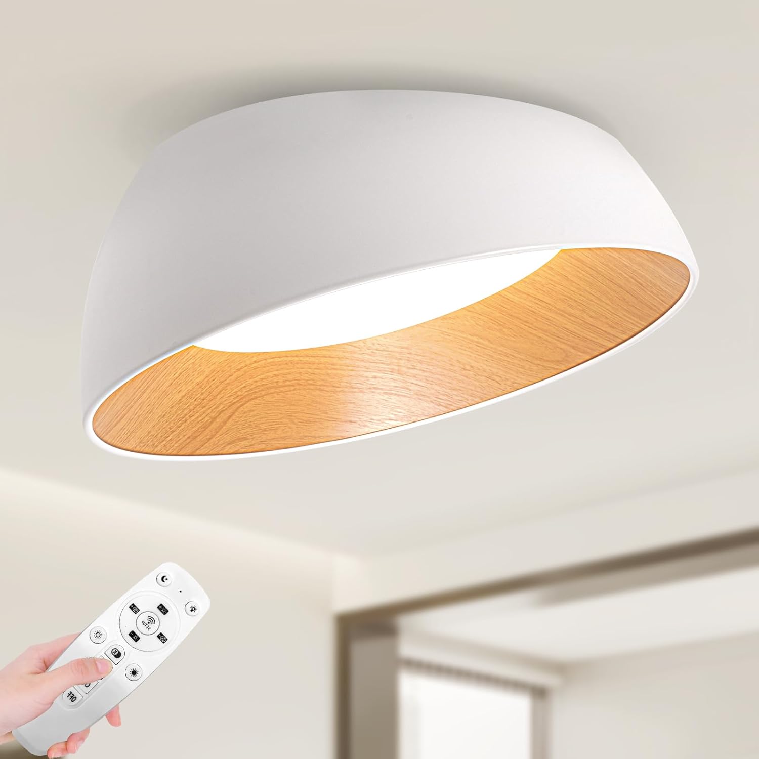YATAI Modern White & Wood Round Dome LED Ceiling Light – 36W, Remote control Dimmable Lighting Fixture, Modern Lighting for Bedroom, Living, Dining Room,50cm
