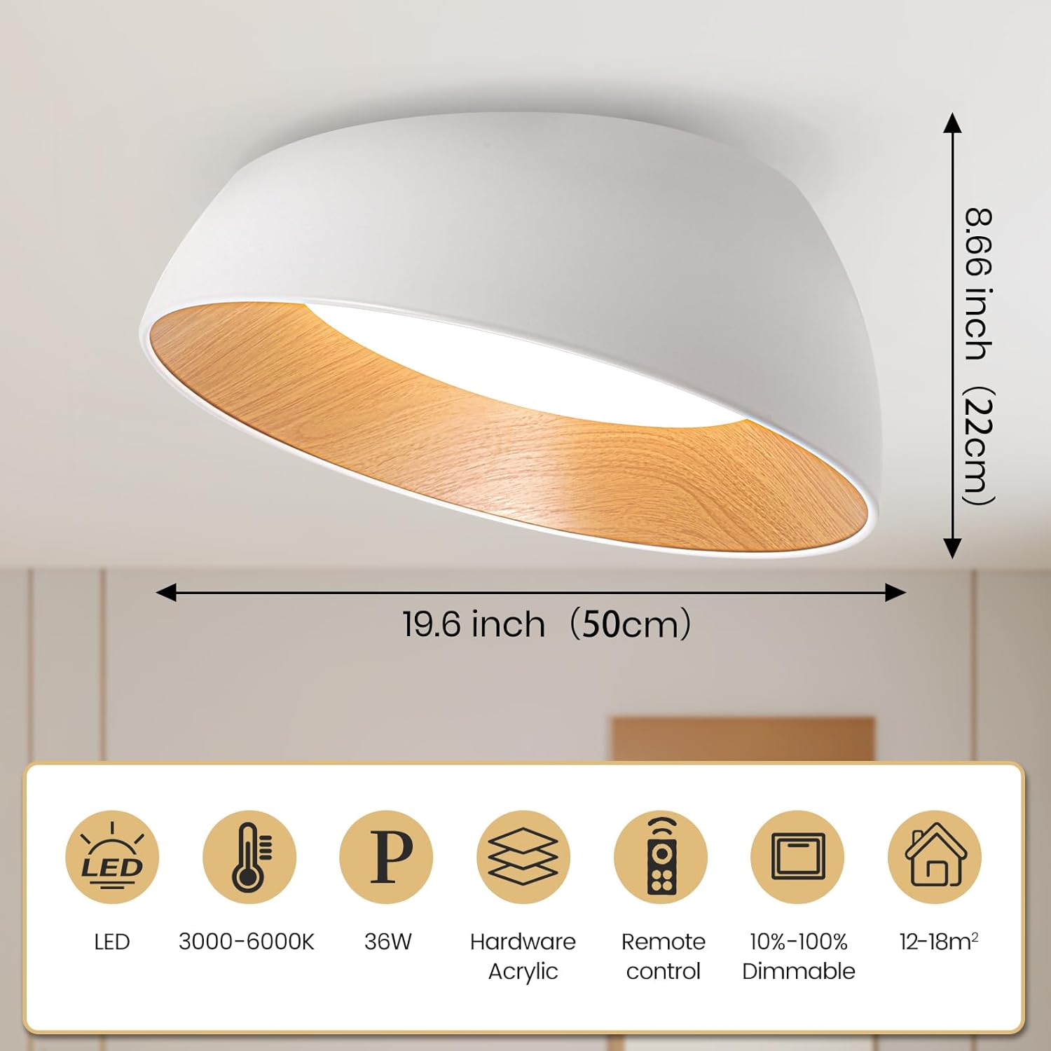 YATAI Modern White & Wood Round Dome LED Ceiling Light – 36W, Remote control Dimmable Lighting Fixture, Modern Lighting for Bedroom, Living, Dining Room,50cm - Image 3
