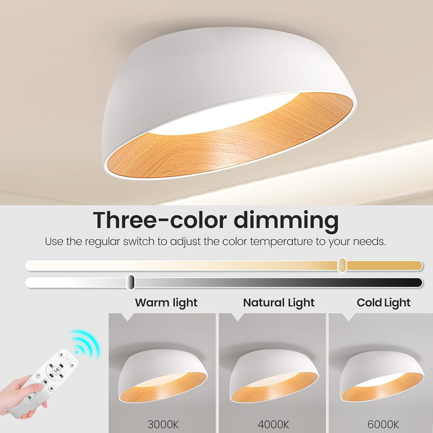 YATAI Modern White & Wood Round Dome LED Ceiling Light – 36W, Remote control Dimmable Lighting Fixture, Modern Lighting for Bedroom, Living, Dining Room,50cm - Image 4