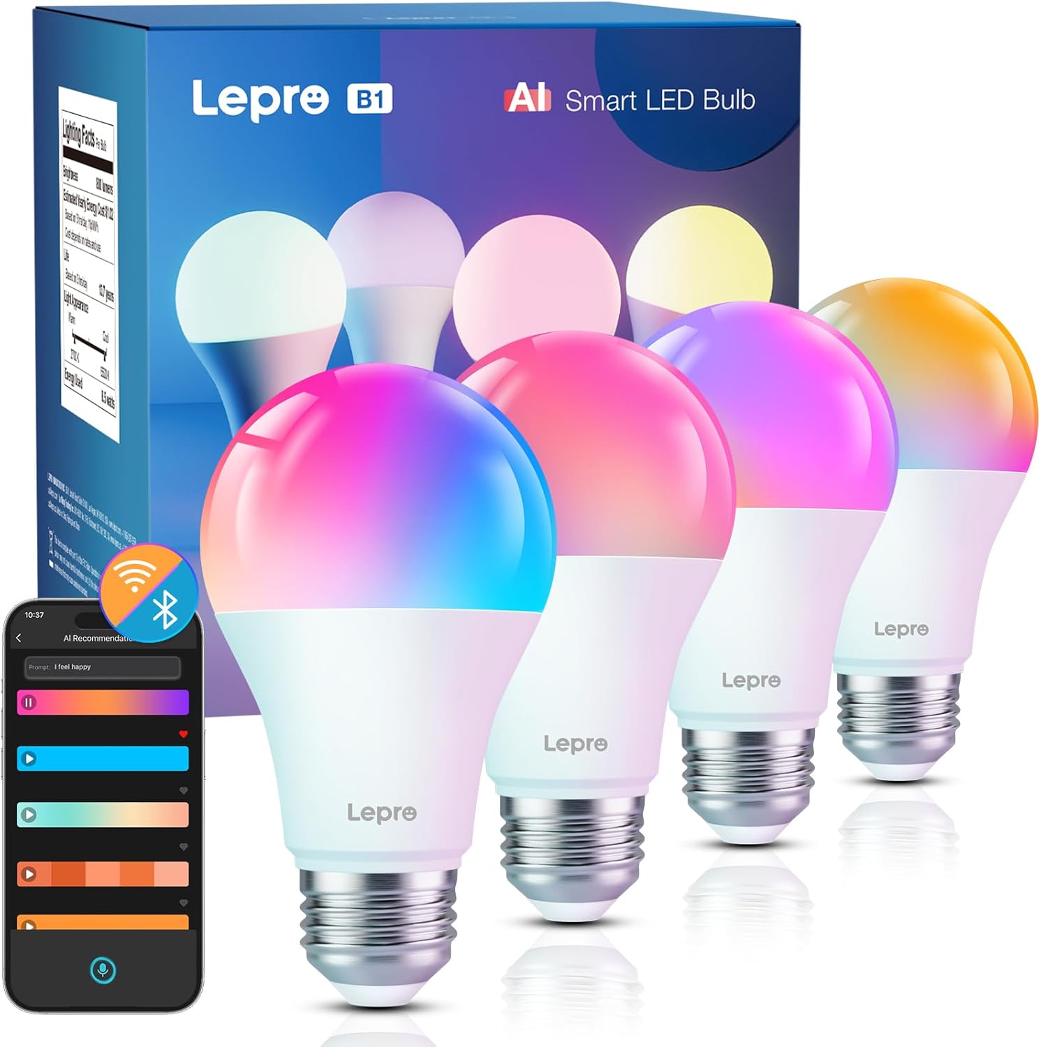 Lepro B1 AI Smart Bulb E27, 806LM 8.5W (Replace 60W), Music Sync Smart Screw Bulb, Voice Control Bluetooth & WiFi Bulb, Personalized AI Lighting Designer, Work with Alexa & Google Assistant, 4 Packs