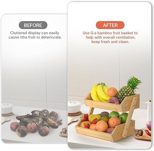 TAYGUM Bamboo Fruit Basket for Kitchen Counter, Large Capacity Fruits Storage Rack Vegetables Bowl Stand Holder Countertop Organizer (DOUBLE-LAYER) - Image 4