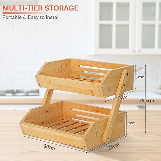 TAYGUM Bamboo Fruit Basket for Kitchen Counter, Large Capacity Fruits Storage Rack Vegetables Bowl Stand Holder Countertop Organizer (DOUBLE-LAYER) - Image 3