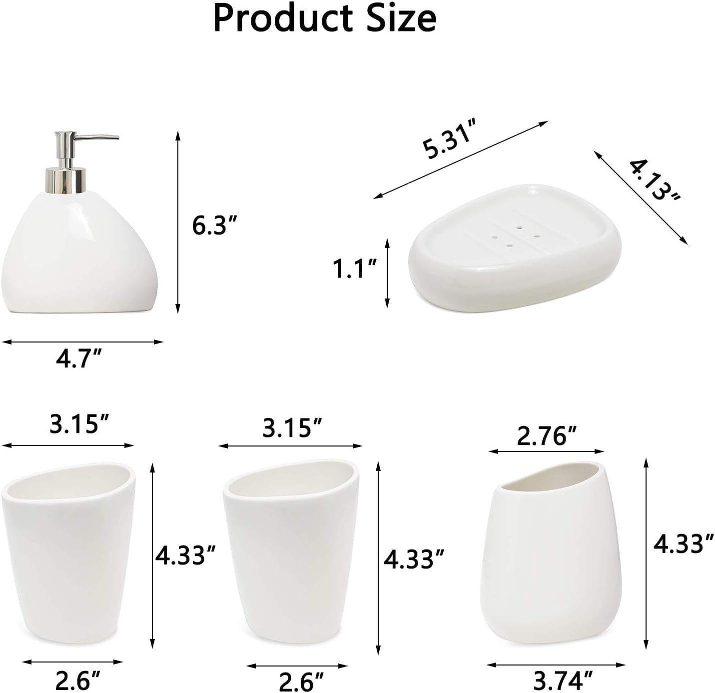 White Ceramic Bathroom Accessory Set, Bathroom Vanity Countertop Set, Bathroom Soap Dispenser and Toothbrush Holder Set Complete, 2 Tumbler Cup, Soap Dish, 5 Pieces - Image 2