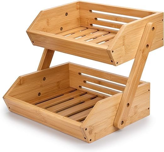 TAYGUM Bamboo Fruit Basket for Kitchen Counter, Large Capacity Fruits Storage Rack Vegetables Bowl Stand Holder Countertop Organizer (DOUBLE-LAYER)