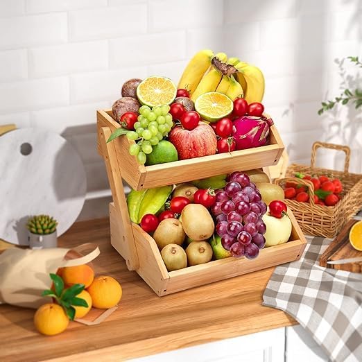 TAYGUM Bamboo Fruit Basket for Kitchen Counter, Large Capacity Fruits Storage Rack Vegetables Bowl Stand Holder Countertop Organizer (DOUBLE-LAYER) - Image 7