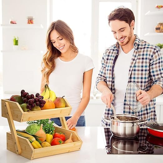 TAYGUM Bamboo Fruit Basket for Kitchen Counter, Large Capacity Fruits Storage Rack Vegetables Bowl Stand Holder Countertop Organizer (DOUBLE-LAYER) - Image 6