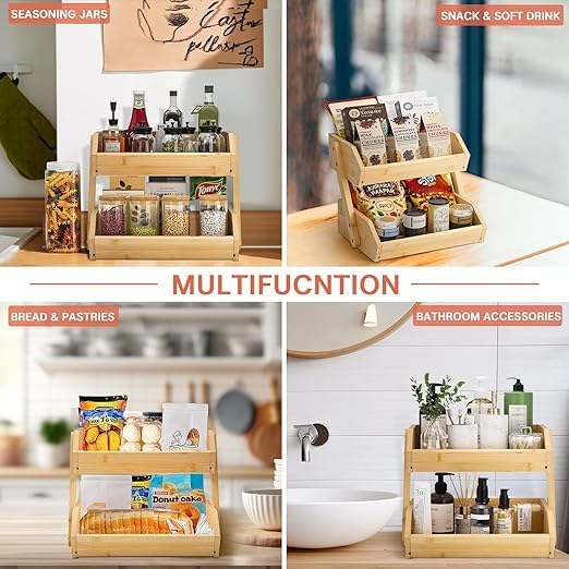 TAYGUM Bamboo Fruit Basket for Kitchen Counter, Large Capacity Fruits Storage Rack Vegetables Bowl Stand Holder Countertop Organizer (DOUBLE-LAYER) - Image 5