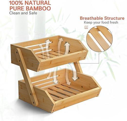 TAYGUM Bamboo Fruit Basket for Kitchen Counter, Large Capacity Fruits Storage Rack Vegetables Bowl Stand Holder Countertop Organizer (DOUBLE-LAYER) - Image 2