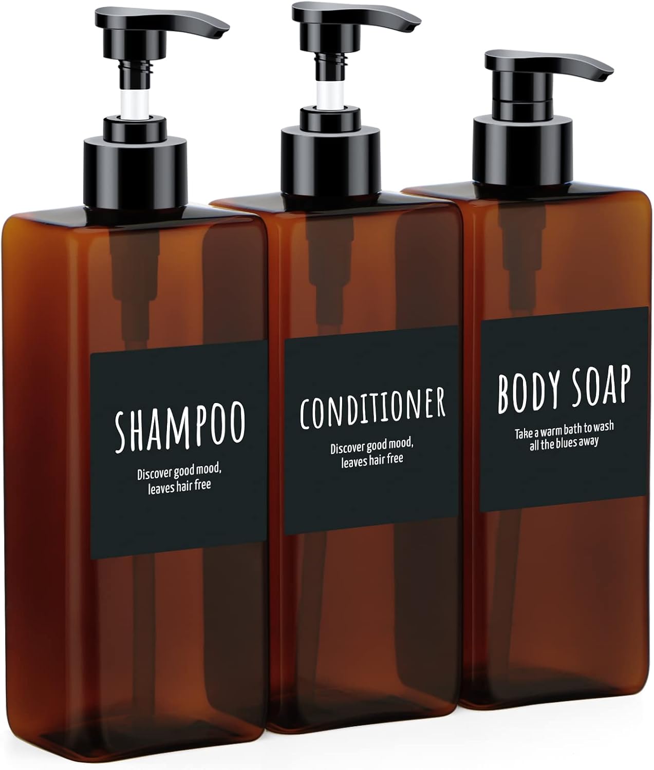 Segbeauty 16.9oz Shampoo Bottles, 3pcs 500ml Pump Press Shower Containers with Labels, Empty Refillable Shampoo Body Soap Conditioner Shower Gel Plastic Bathroom Press Lotion Dispenser Amber