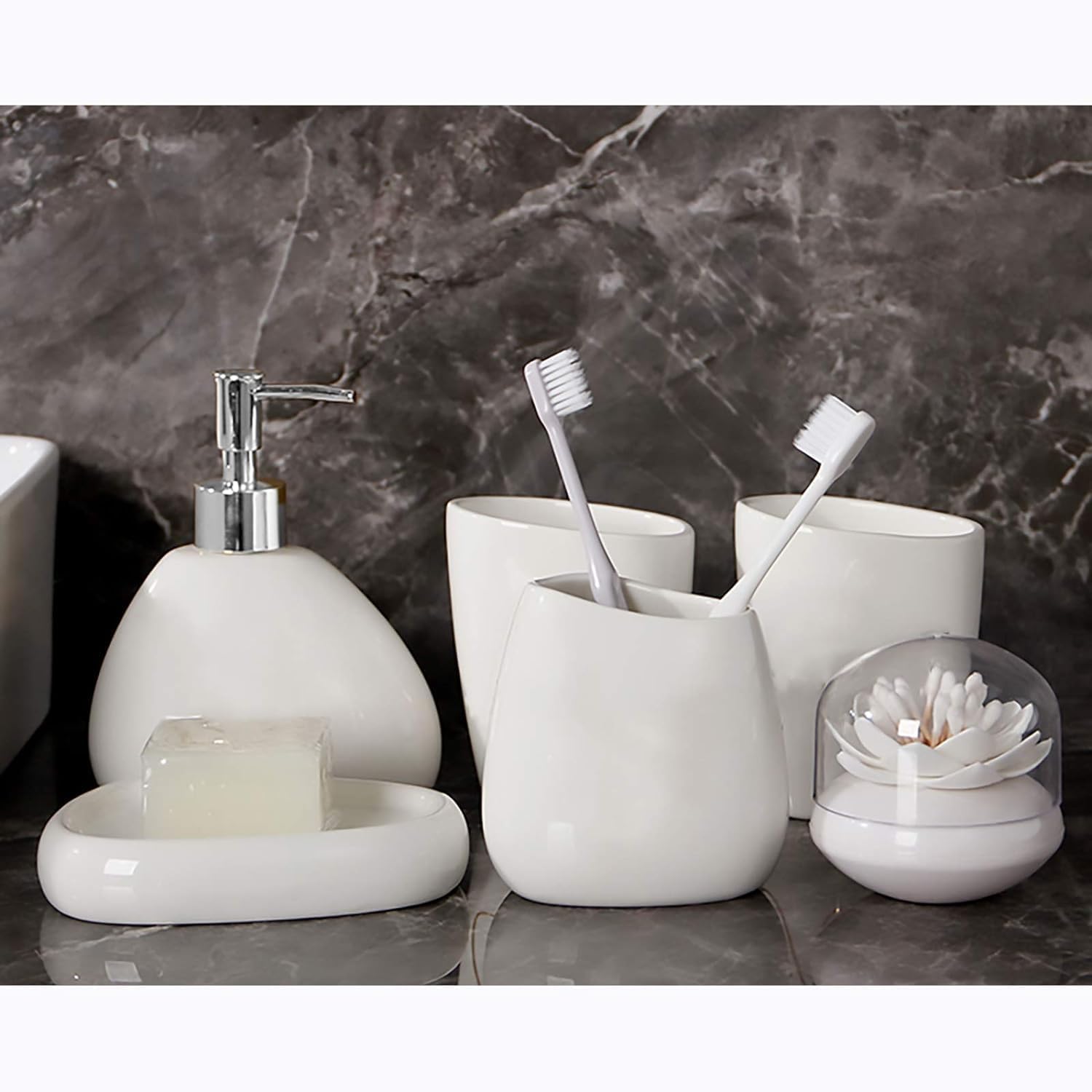 White Ceramic Bathroom Accessory Set, Bathroom Vanity Countertop Set, Bathroom Soap Dispenser and Toothbrush Holder Set Complete, 2 Tumbler Cup, Soap Dish, 5 Pieces - Image 5