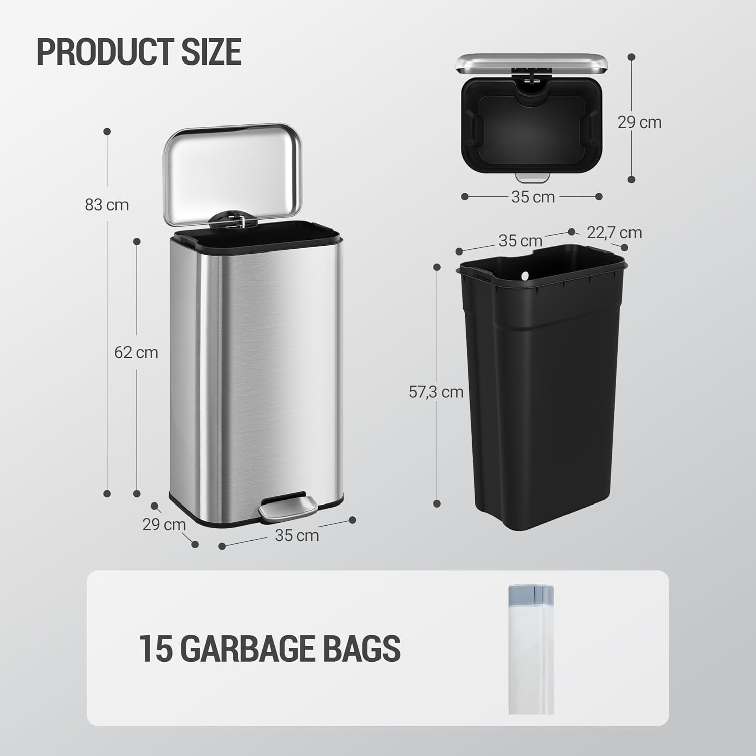 Hzuaneri Kitchen Trash Can, 30 Liter Pedal Bin with Soft-Close Lid and Inner Bucket, Includes 15 Trash Bags, Steel, Silver ASW13099B - Image 7