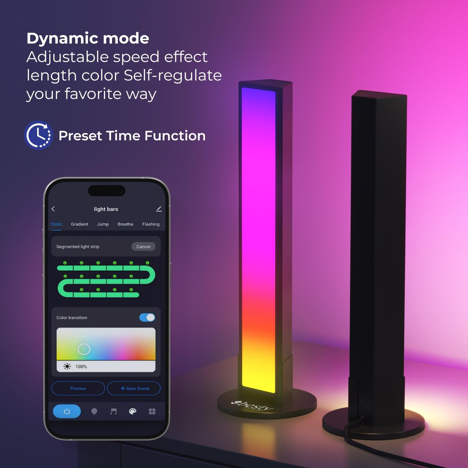 Smart Flow Light Bars, Wifi Mobile App Works with Alexa and Google Assistant, TV Ambient Lighting, RGBICW Light Bars with Scene Modes and Music Modes for Gaming, Movies, PC, TV (Set of 2) - Image 2