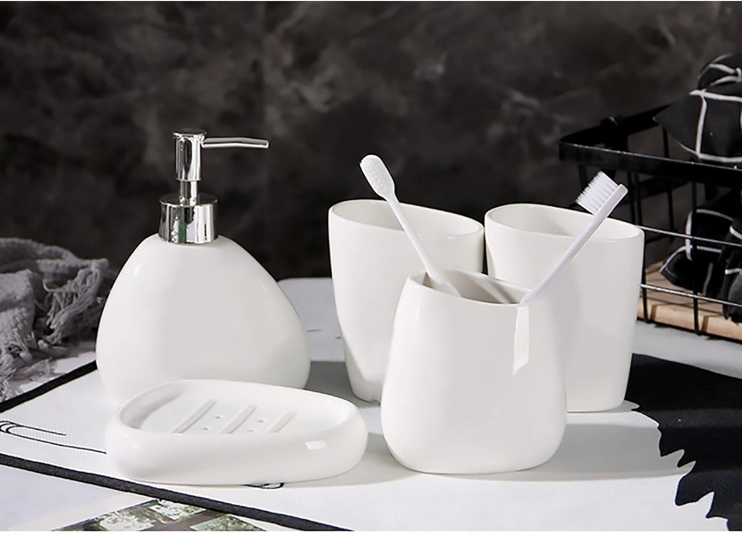 White Ceramic Bathroom Accessory Set, Bathroom Vanity Countertop Set, Bathroom Soap Dispenser and Toothbrush Holder Set Complete, 2 Tumbler Cup, Soap Dish, 5 Pieces - Image 3