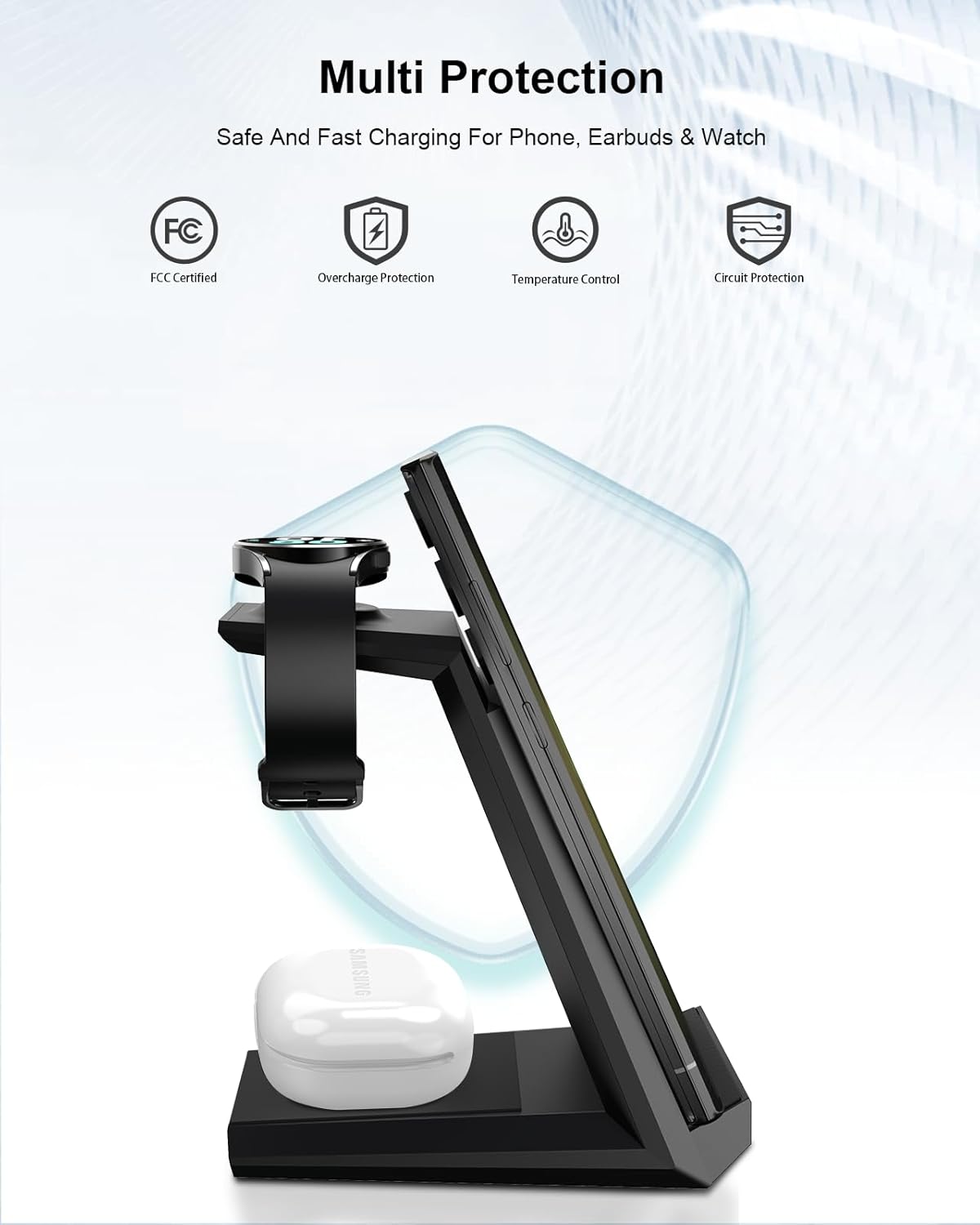 NANAMI Wireless Charger for Samsung - 3 in 1 Charging Station for Multiple Devices, Fast Charger Stand for Galaxy S25 S24 S23 S22 S21 Ultra Z Flip Fold 4, Galaxy Watch 6/5/5 Pro/4/3, Galaxy Buds 2 Pro - Image 6