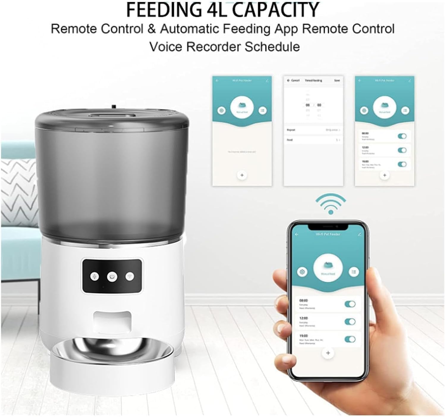 WiFi Automatic Cat & Dog Feeder 4L Food Container Timed Pet Food Dispenser with Programmable Portion Control Remote APP Control 10s Voice Recorder and Clog-Free Design for Small to Medium Pets - Image 9