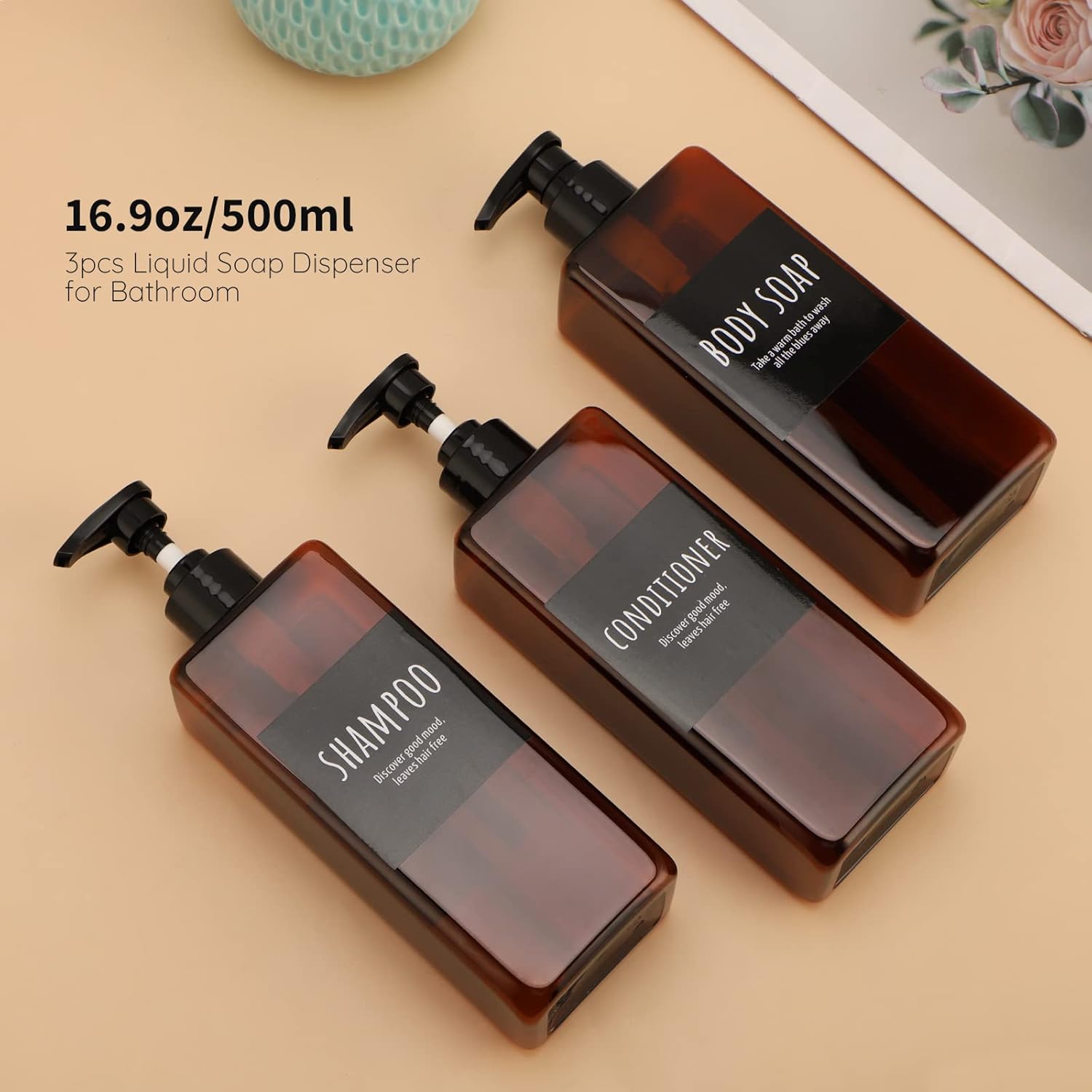 Segbeauty 16.9oz Shampoo Bottles, 3pcs 500ml Pump Press Shower Containers with Labels, Empty Refillable Shampoo Body Soap Conditioner Shower Gel Plastic Bathroom Press Lotion Dispenser Amber - Image 2