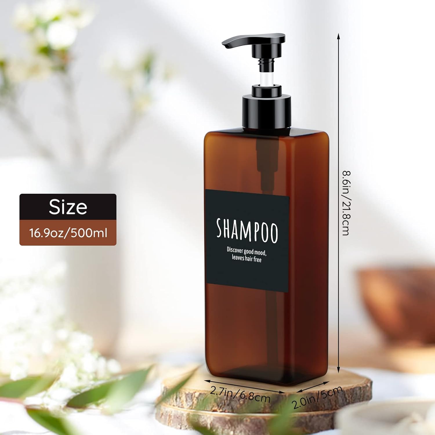 Segbeauty 16.9oz Shampoo Bottles, 3pcs 500ml Pump Press Shower Containers with Labels, Empty Refillable Shampoo Body Soap Conditioner Shower Gel Plastic Bathroom Press Lotion Dispenser Amber - Image 6