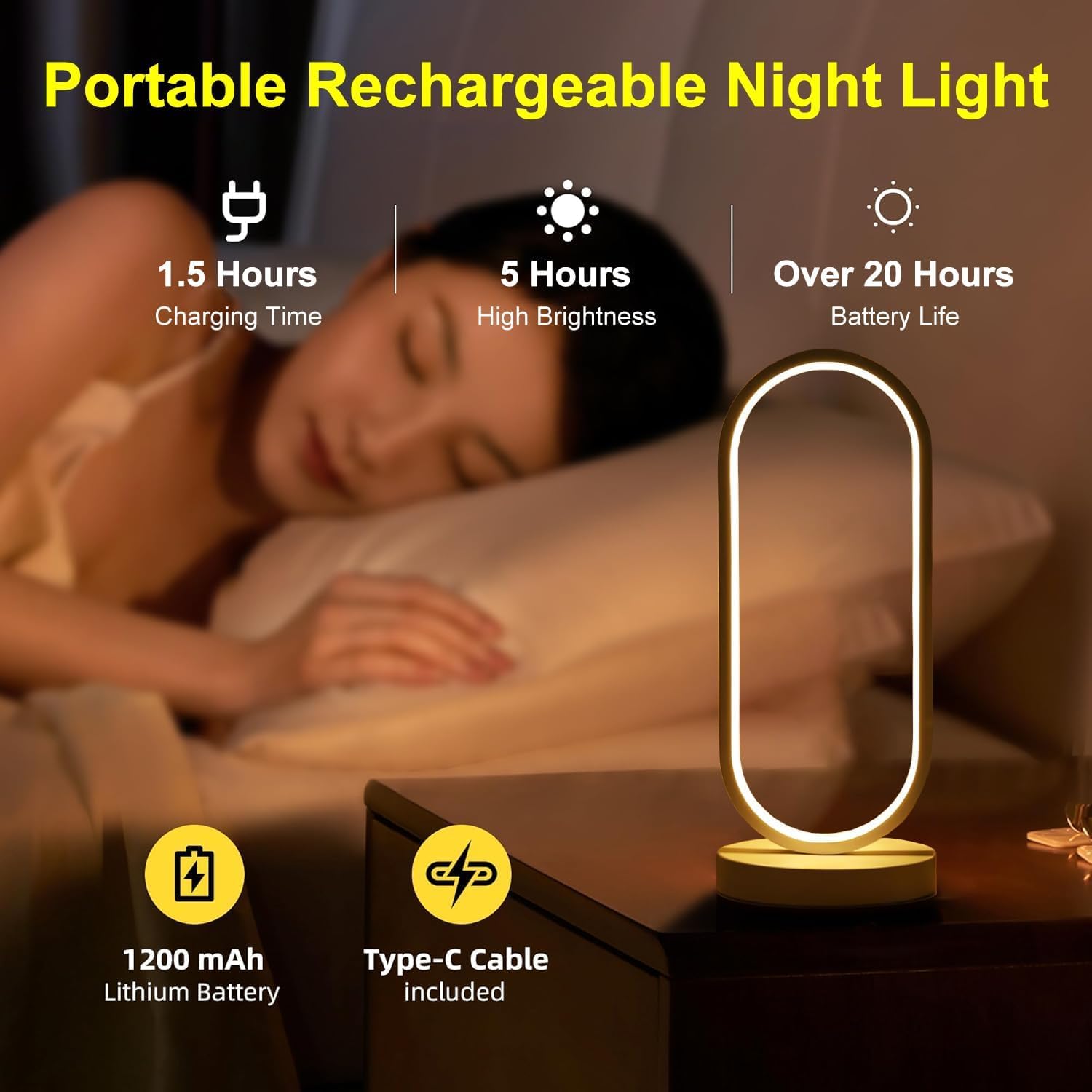 Modern Bedside Table Lamp, Led Oval Nightstand Light, Rechargeable Dimmable Nightstand Lamp, 3 Color Temperatures and 10 Brightness Levels Desk Lamp for Living Room, Bedroom Home Decoration - Image 5
