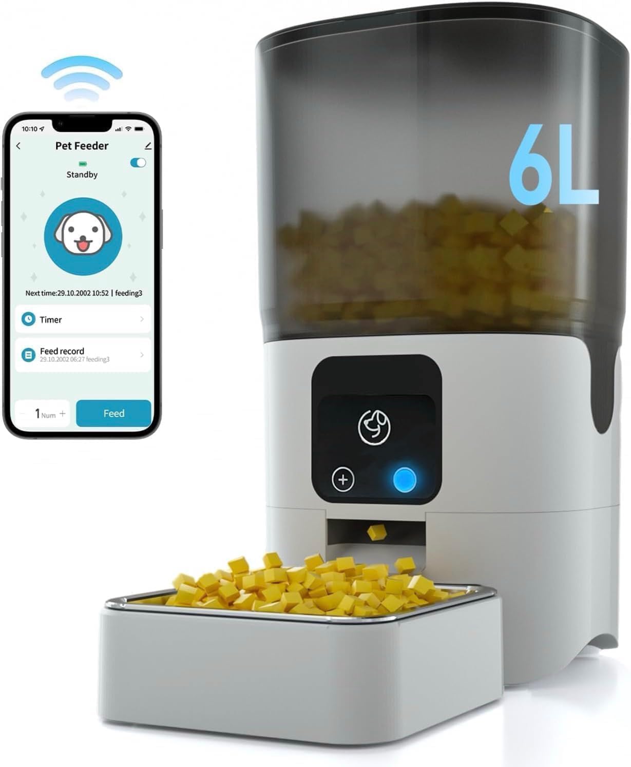 SKY-TOUCH Automatic Pet Feeder with WiFi App Remote Control, Remote Feeding, Detachable for Easy Clean, Automatic Cat Food Dispenser, 1-30 Meals Per Day (6L/25Cup)