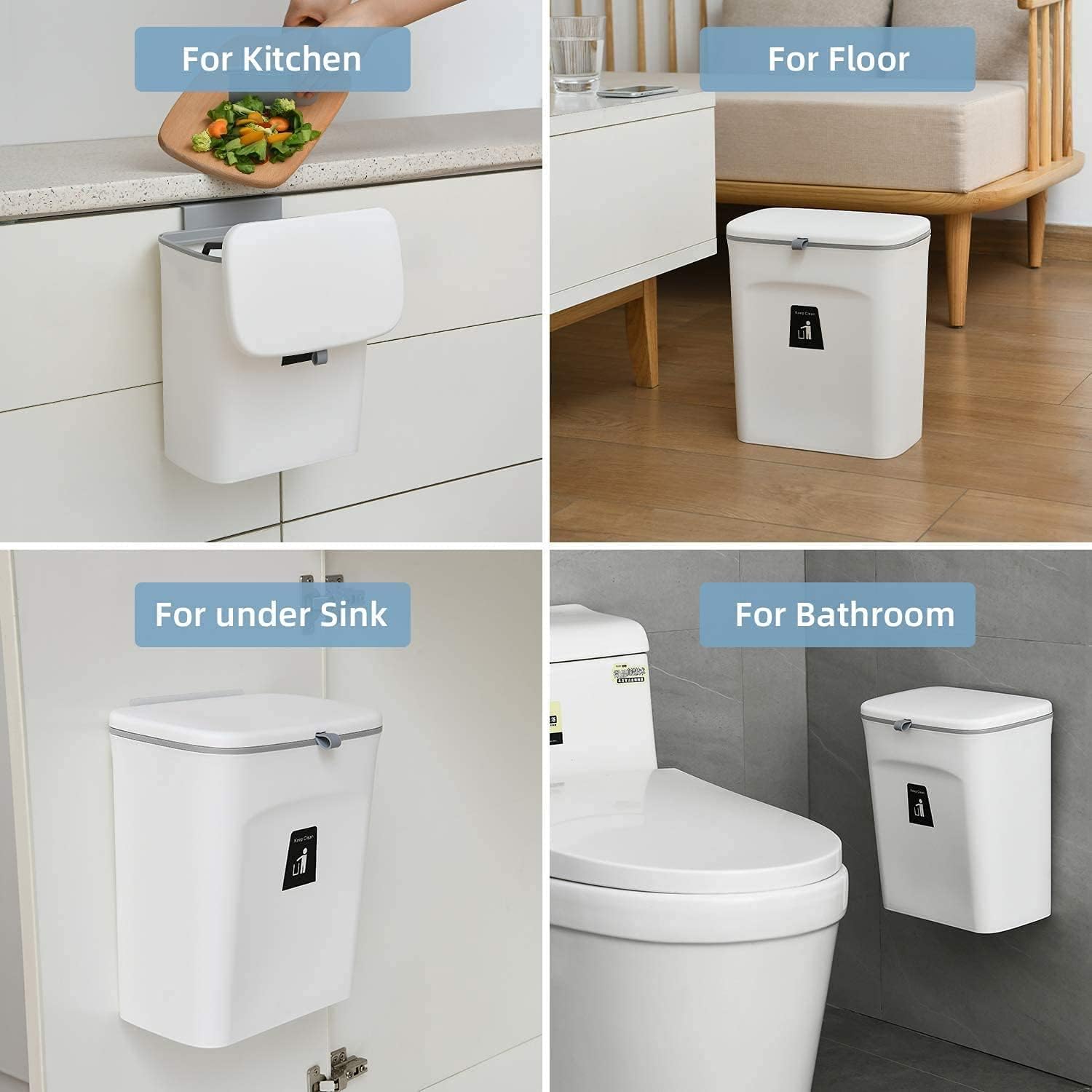 Kitchen Trash Can for Countertop or Under Sink, Mountable Indoor Composter,Hanging Small Trash Can with Lid for Cabinets/Bathroom/Bedroom/Office/Camping, 2.4 Gallon (White) - Image 2