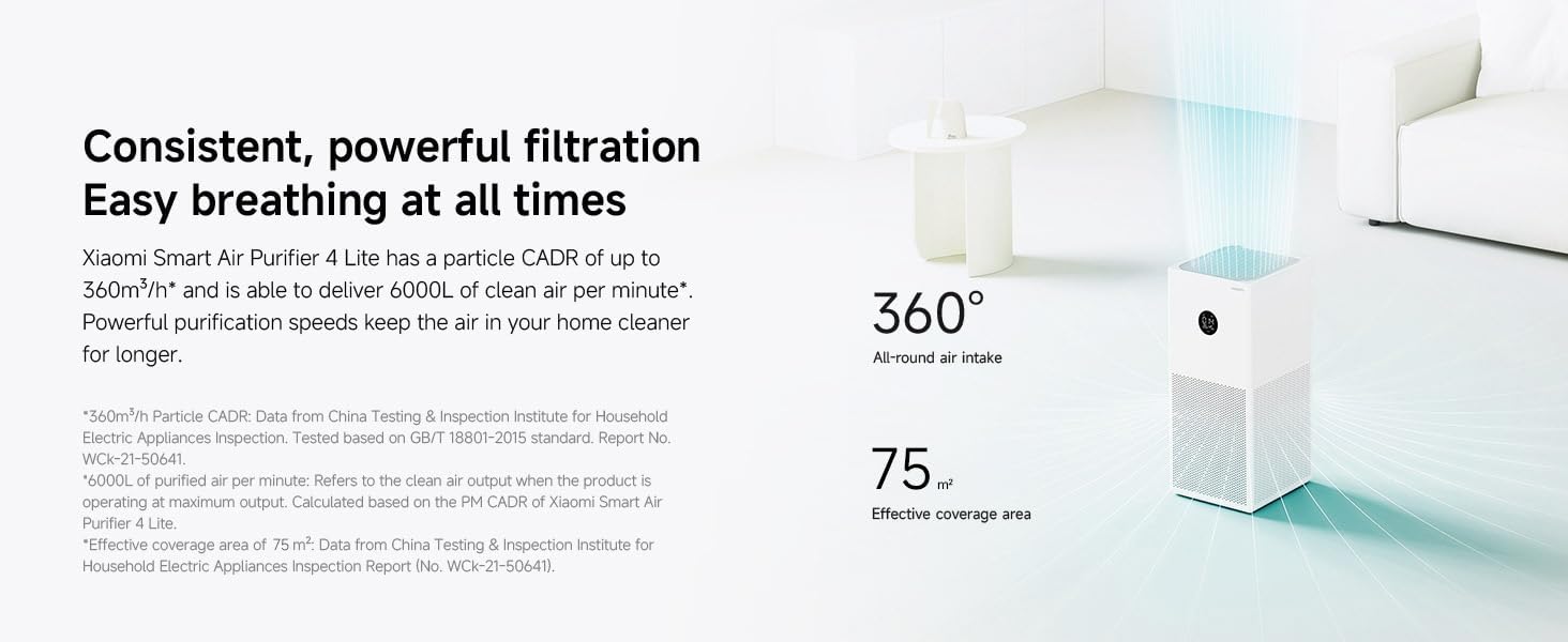 Xiaomi Smart Air Purifier 4 Lite with 75m² Coverage, App/Voice Control, Suitable For Large Room, 360 m³/h PCADR, Oled Touch Screen Display - Mi Home App, Works With Alexa - White - Image 12