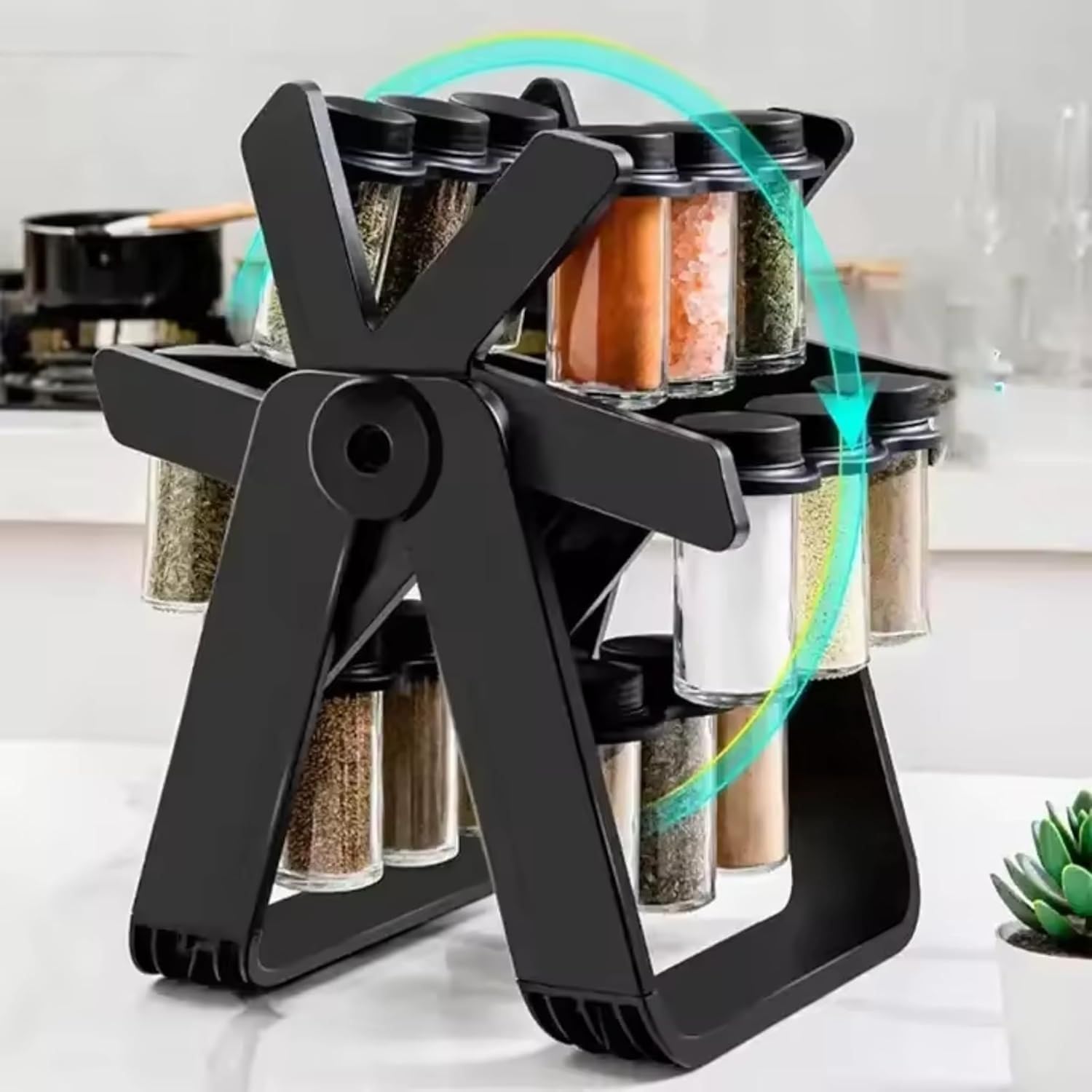 Rotating Spice Rack, Revolving Ferris Wheel Countertop Spice Organization with 18 Plastic Spice Jars, Countertop Spice Storage Rack for Families Kitchen - Image 8