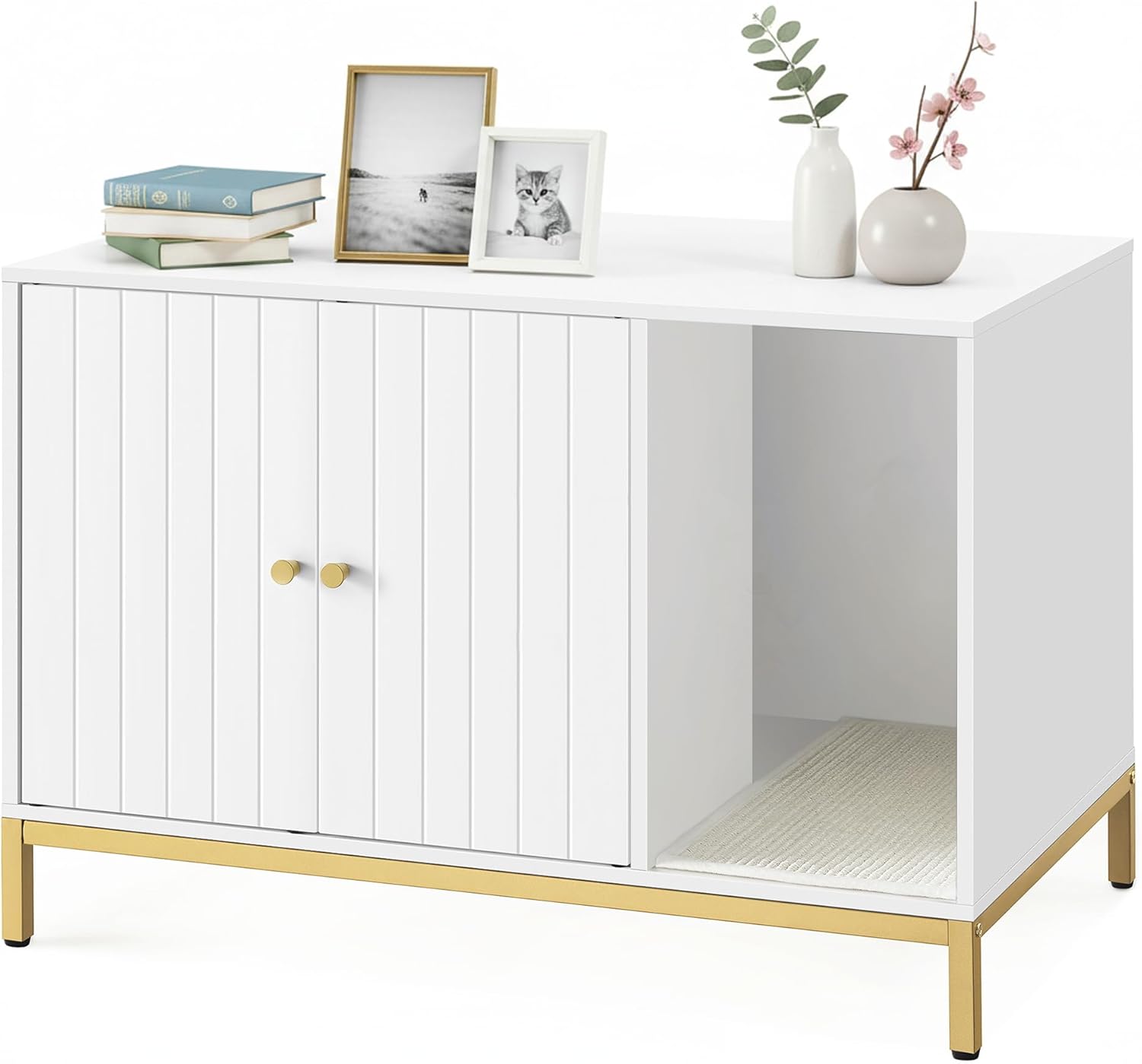 Feandrea Litter Box Enclosure, Modern Cat Litter Box Furniture Hidden, with Scratching Mat, Tall Legs, Cat House, Side End Table, 31.5 x 19.7 x 21.7 Inches, White and Gold UPCL007W01