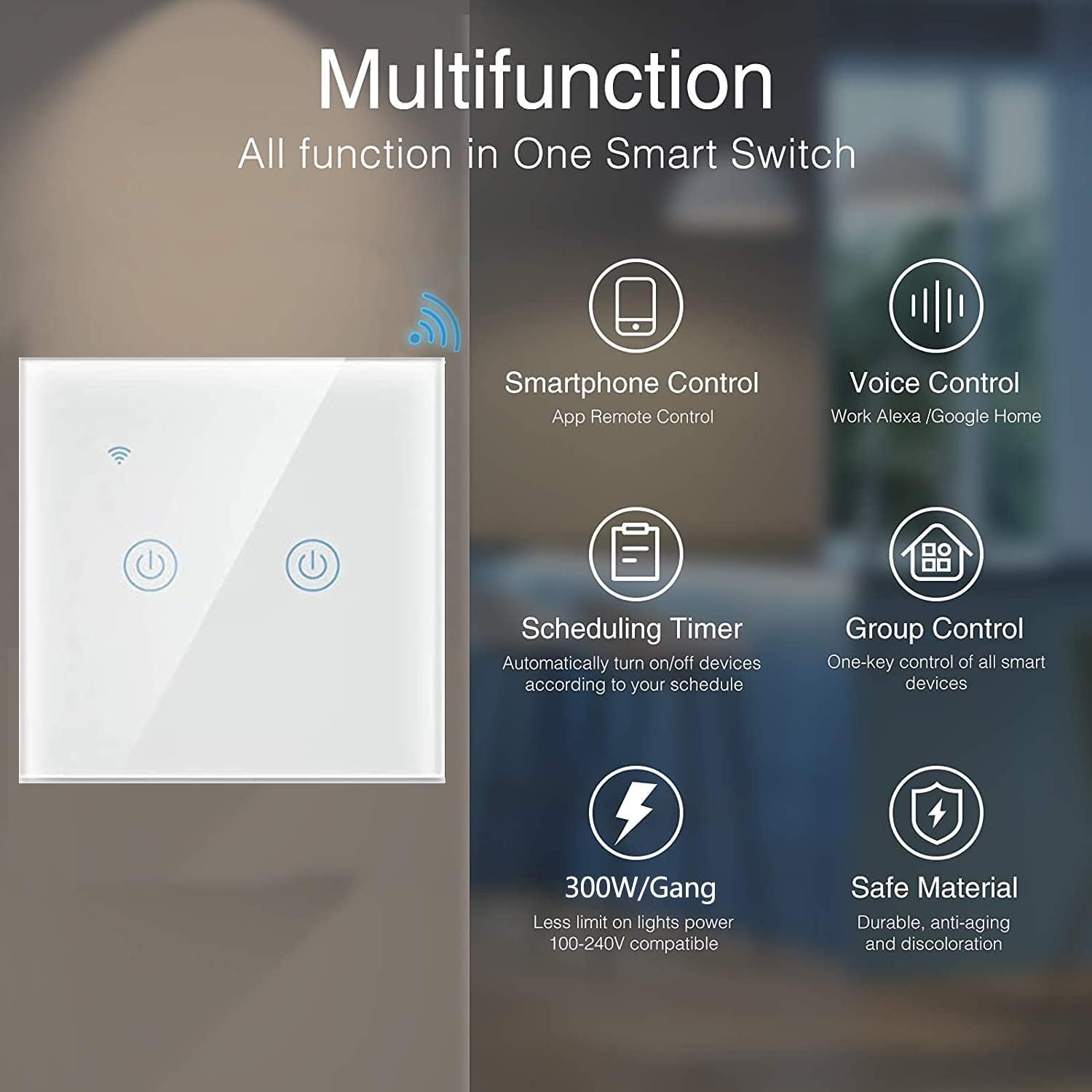 WiFi Smart Wall Light Switch, No Neutral Wire Required, No Hub Required, Compatible with Alexa and Google Home, APP Remote Control, Timing Function, Voice Control (White, 2 Gang) - Image 2