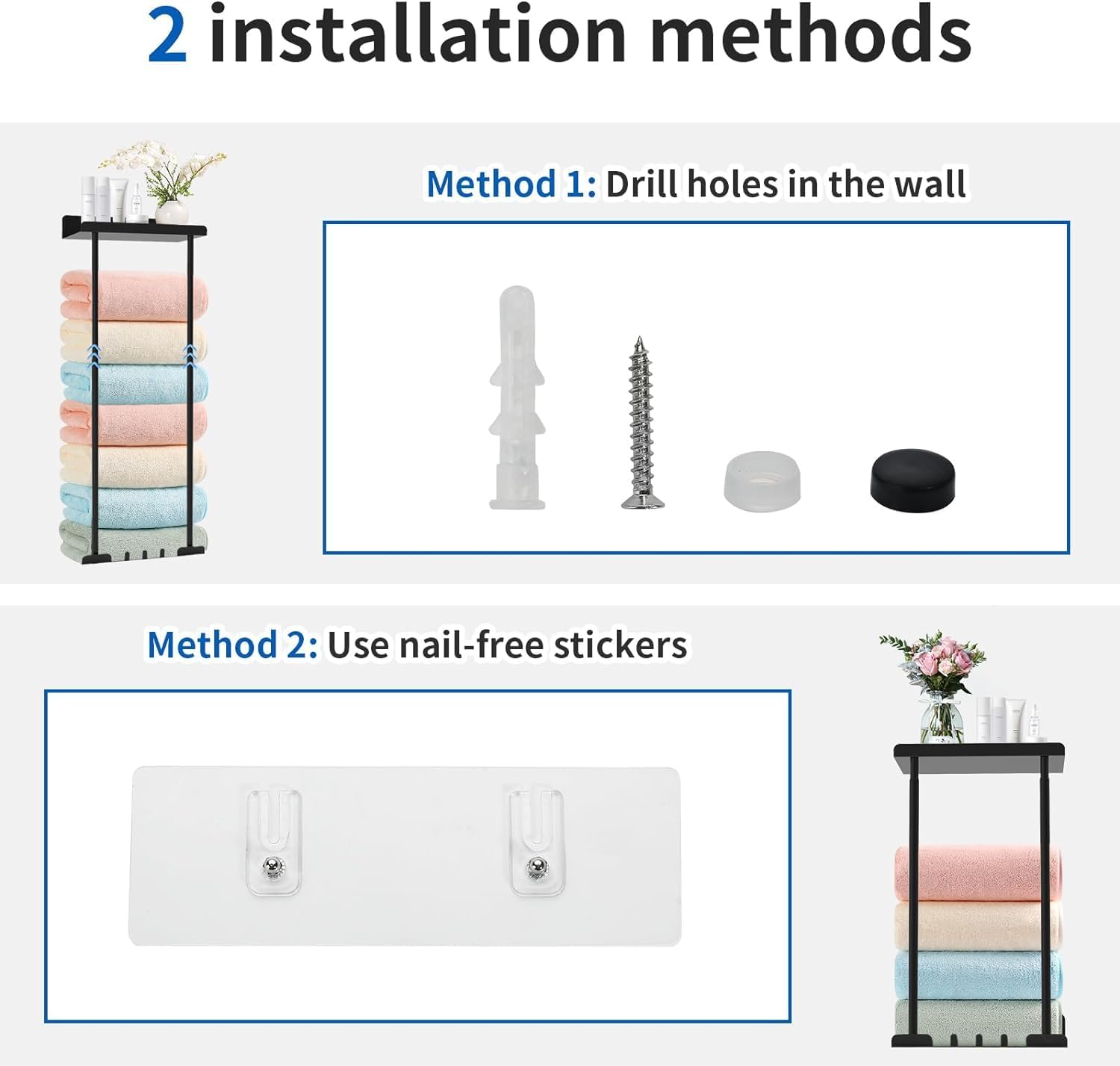 ZHHMl Towel Rack with Shelf for Bathroom Wall Mounted,Retractable Height Metal Bath Towel Rack with Reliable Hooks Storage for Rolled Towel(Black) - Image 7