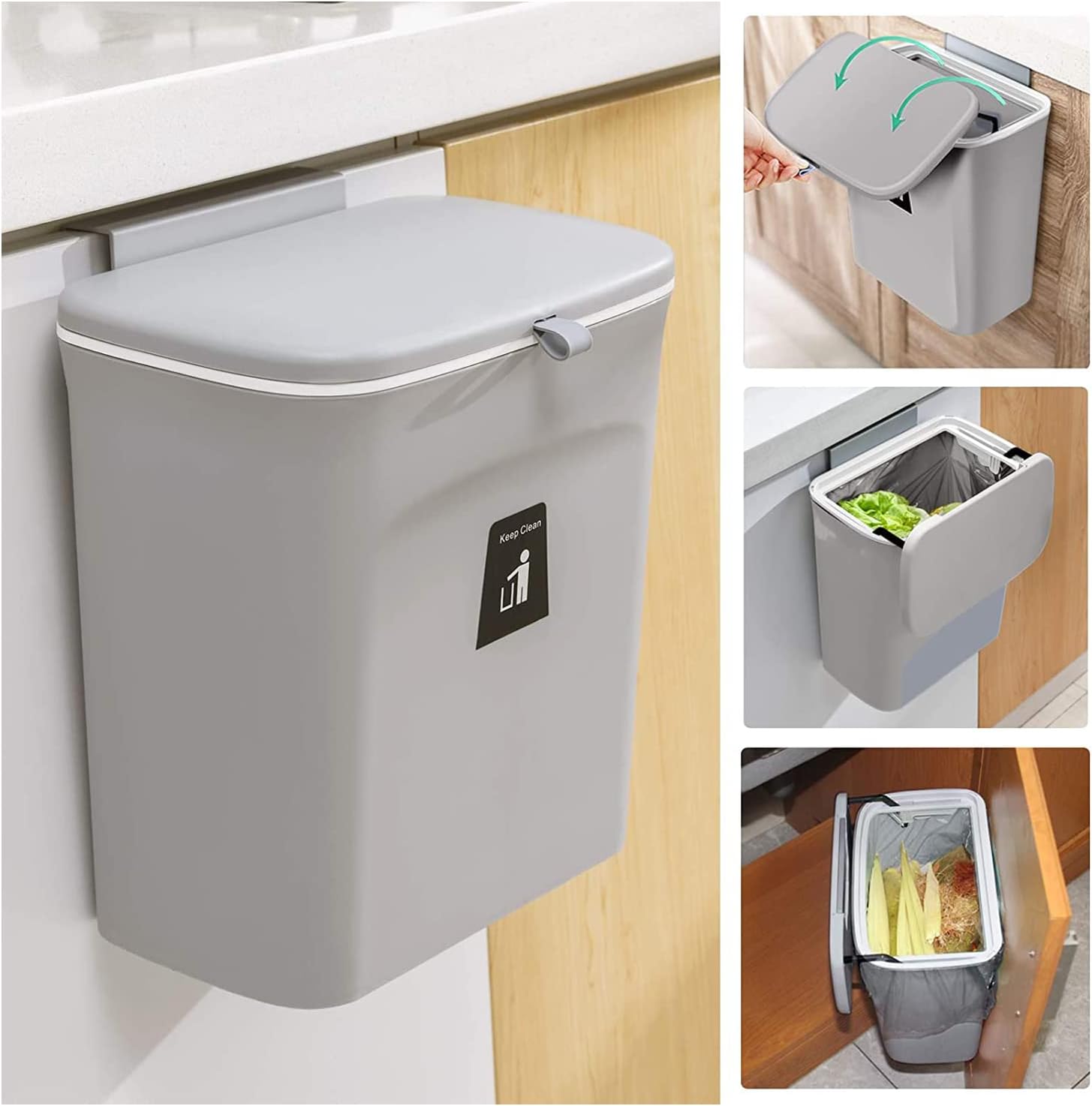 Kitchen Trash Can for Countertop or Under Sink, Mountable Indoor Composter,Hanging Small Trash Can with Lid for Cabinets/Bathroom/Bedroom/Office/Camping, 2.4 Gallon (Grey)