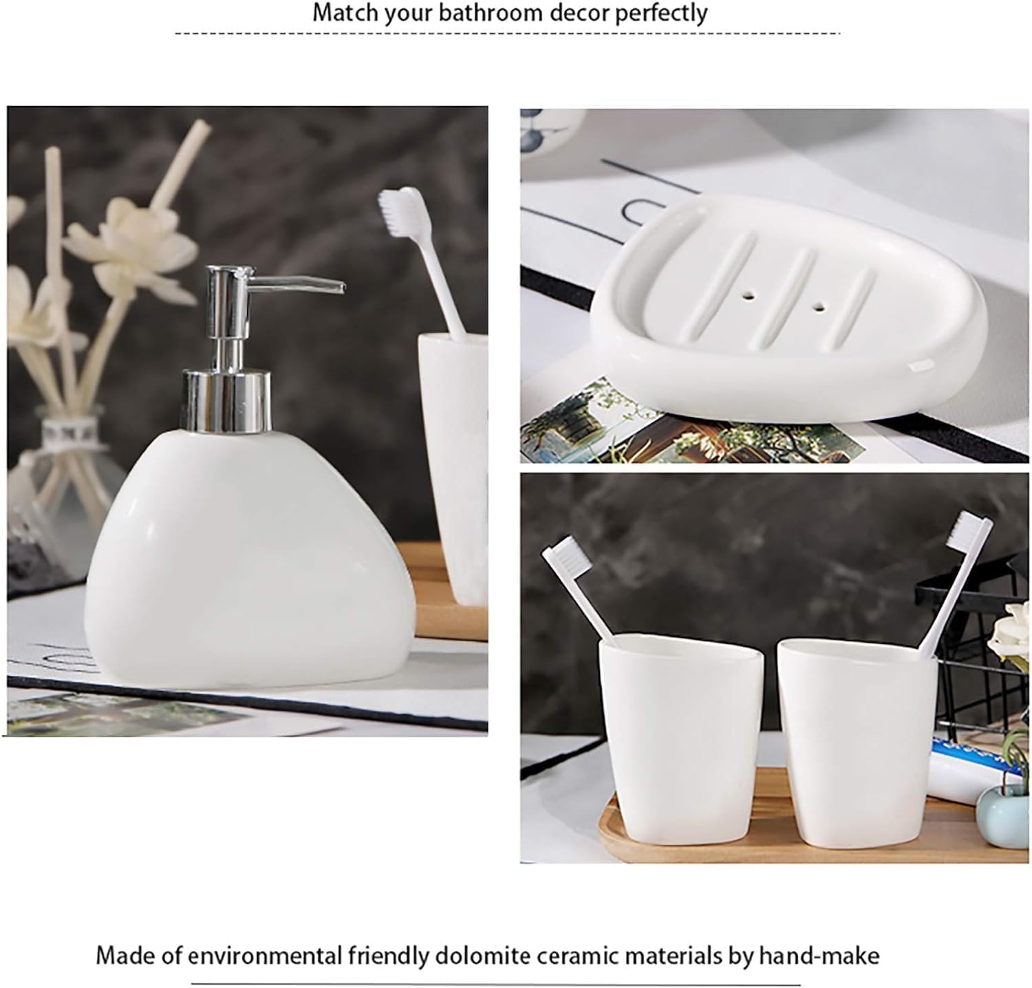White Ceramic Bathroom Accessory Set, Bathroom Vanity Countertop Set, Bathroom Soap Dispenser and Toothbrush Holder Set Complete, 2 Tumbler Cup, Soap Dish, 5 Pieces - Image 6