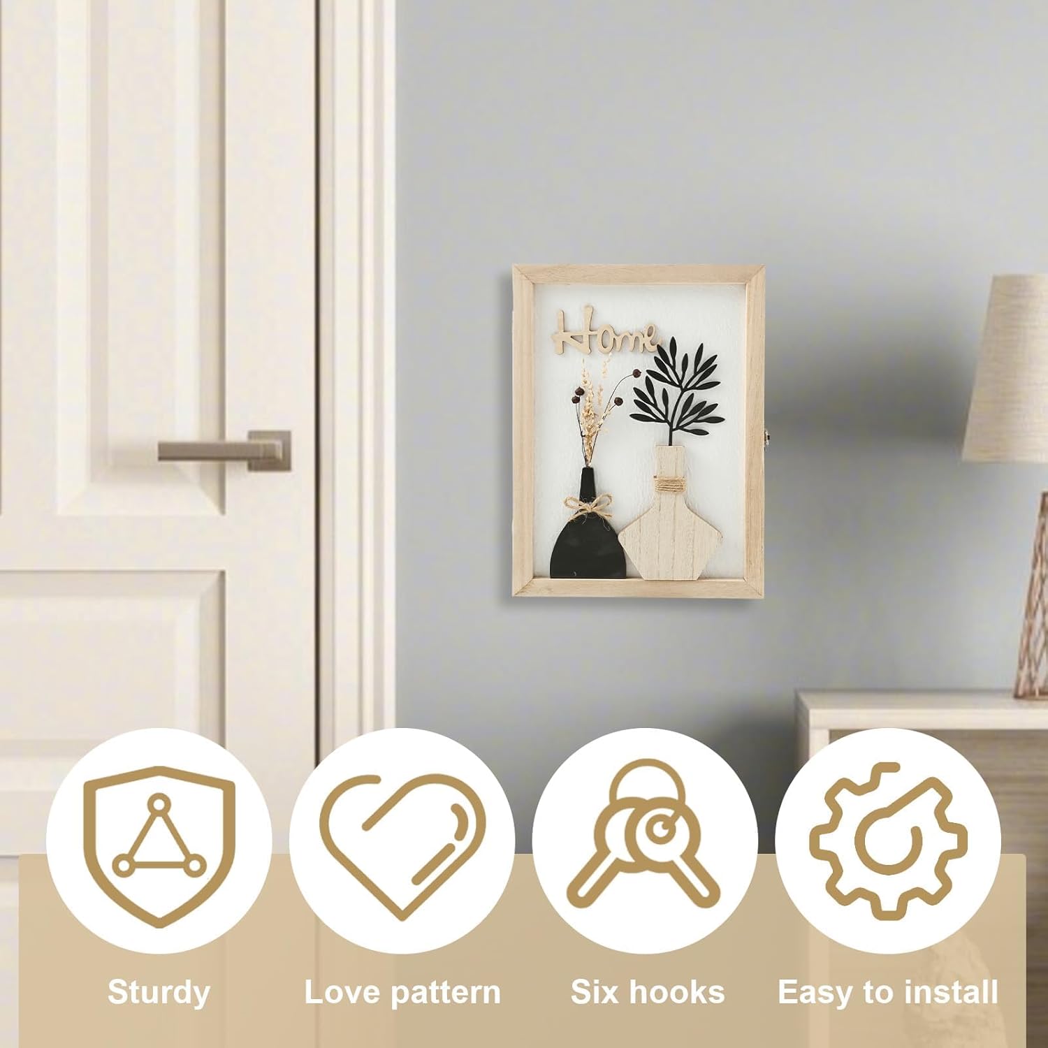 Wooden Key Holder For Wall,Decorative Key Box Wall Mount, Wood Key Box Farmhouse Key Rack, 6 Key Hooks Hanger, Key Cabinet Home Decoration Accessories For Entryway Office And Home (Home) - Image 5