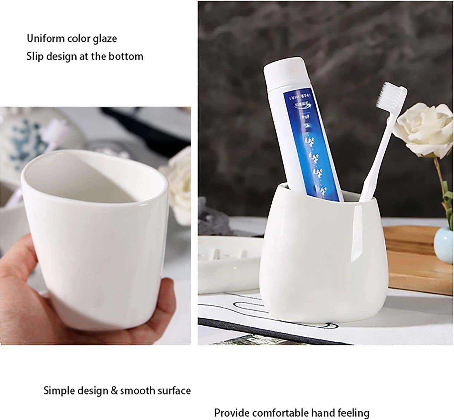 White Ceramic Bathroom Accessory Set, Bathroom Vanity Countertop Set, Bathroom Soap Dispenser and Toothbrush Holder Set Complete, 2 Tumbler Cup, Soap Dish, 5 Pieces - Image 7