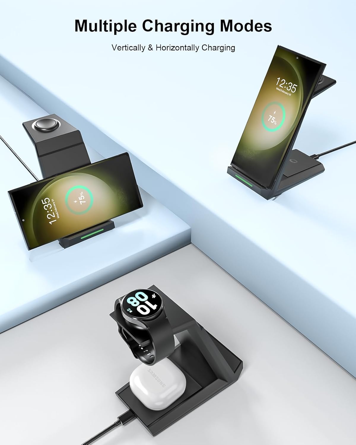 NANAMI Wireless Charger for Samsung - 3 in 1 Charging Station for Multiple Devices, Fast Charger Stand for Galaxy S25 S24 S23 S22 S21 Ultra Z Flip Fold 4, Galaxy Watch 6/5/5 Pro/4/3, Galaxy Buds 2 Pro - Image 7